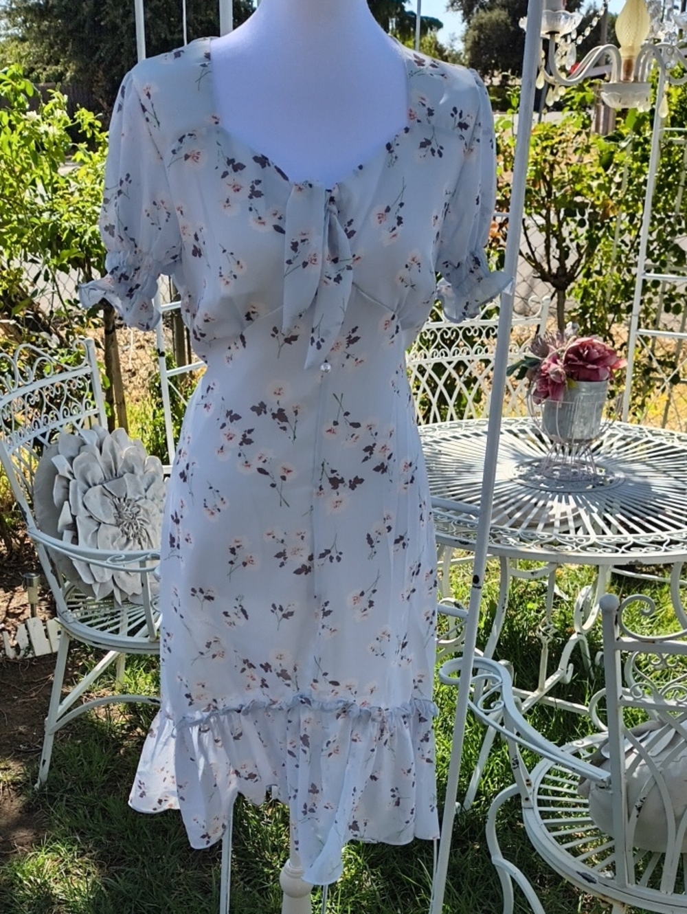 Light Blue Floral Tie-Front Midi Dress